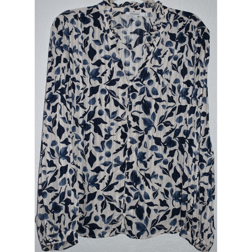 Chicos 2 US 12 Floral Ruffle Neck Button‎ Front Blouse Long Sleeve V-neck Shirt